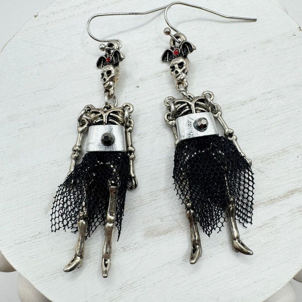 Halloween Skeleton Earrings Goth Girl Tulle Skirt Bat Red Rhinestone Silver Tone